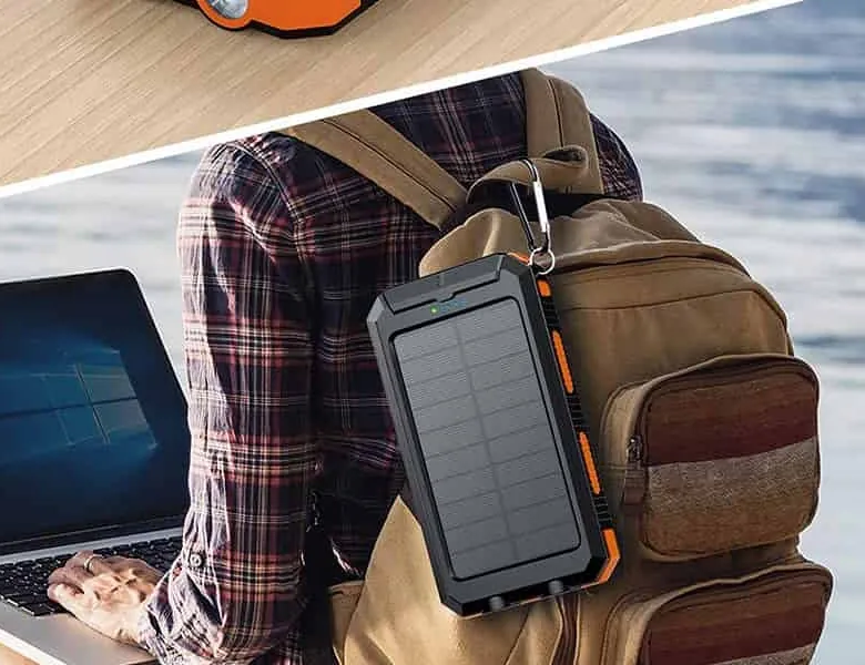 A solar power bank on a backpack